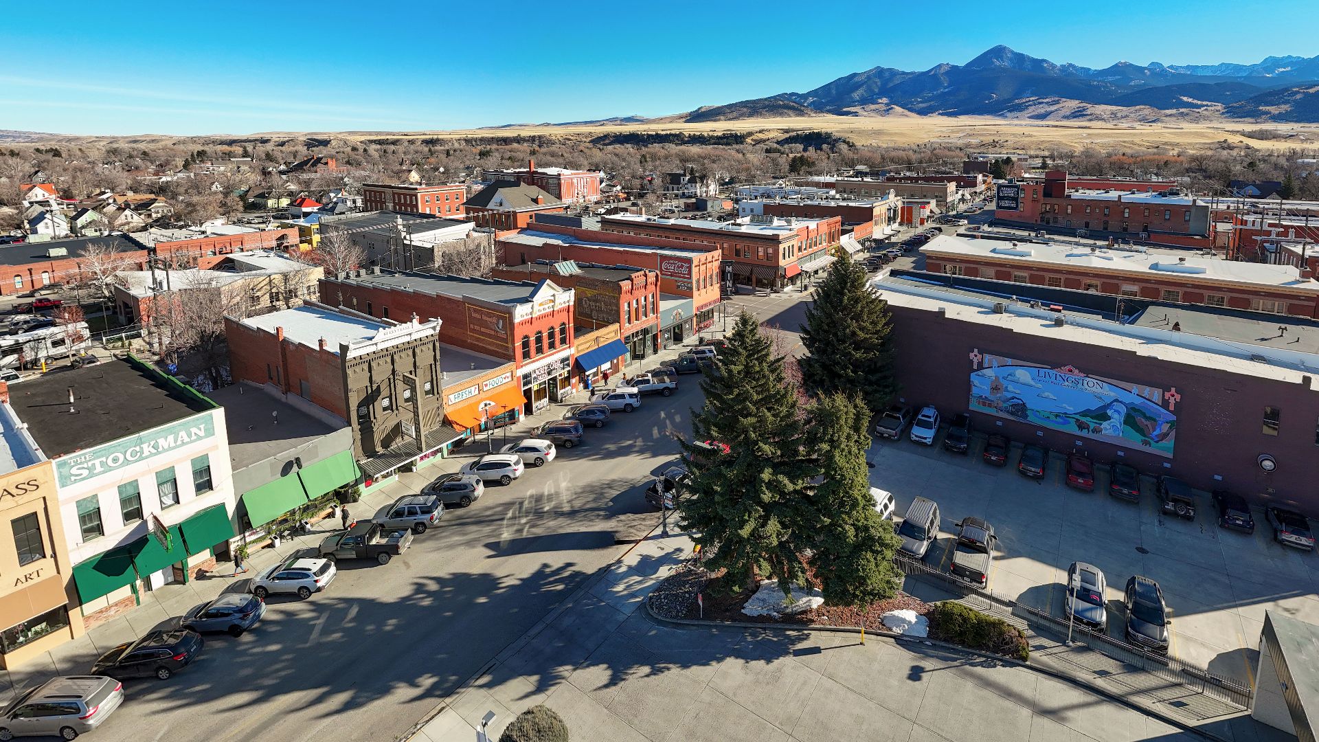 Aerial view of downtown Livingston, Montana (8,040).