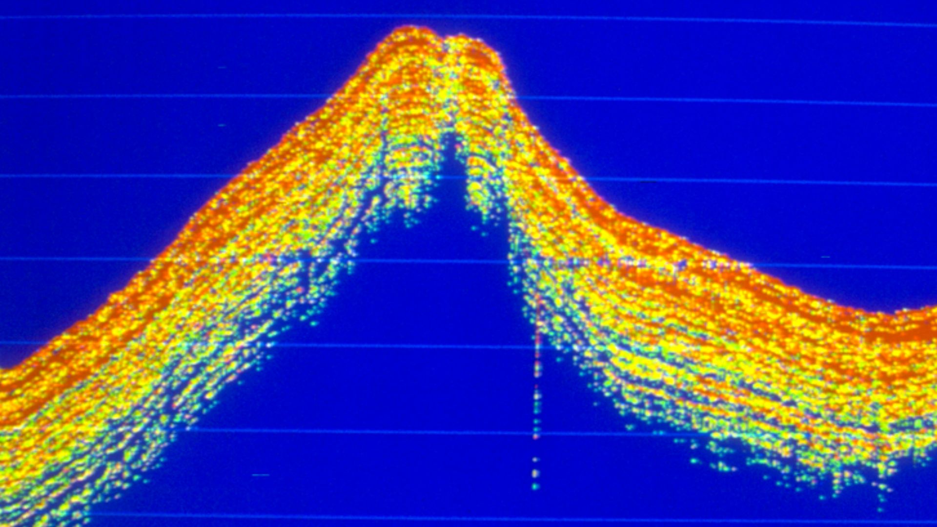 Record of a sediment echo sounder on a monitor (type ParaSound by Atlas Elektronik). The echo shows the sea floor in a water depth of 1288 m. The 3.5 kHz signal penetrates the sediments about 100 m, providing information of the structures below the surfac