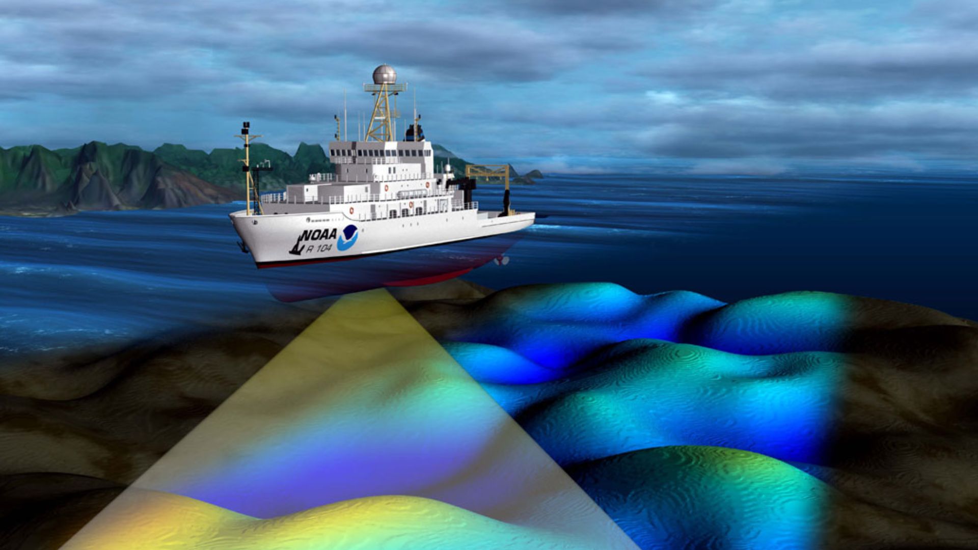 Multibeam sonar systems emit sound waves from directly beneath a ship's hull to produce fan-shaped coverage of the sea floor. These systems measure and record the time elapsed between the emission of the signal from the transducers to the sea floor or obj