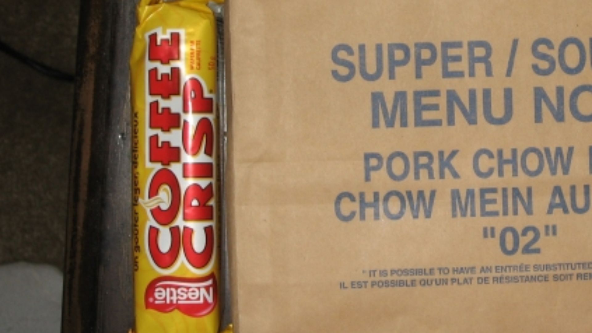 A Canadian Pork Chow Mein IMP (with Coffee Crisp bar for scale)