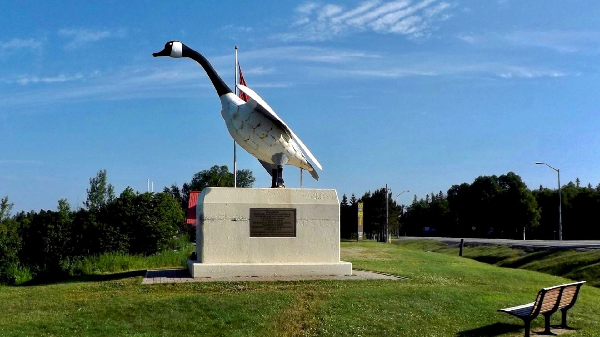A view of the Wawa Goose in the eponymous town of Wawa, Ontario, Canada, as seen on a July 2015 morning. Dating to 1960, this is the most famous of a chain of offbeat roadside monuments that have been erected along the Trans-Canada Highway in remote North