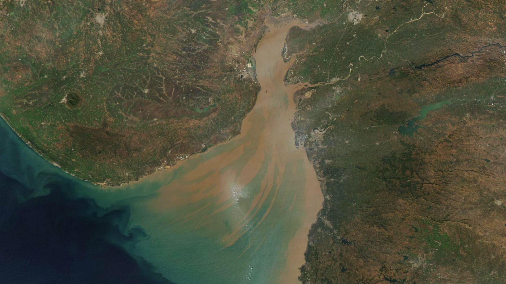 This gorgeous true-color image of sediment-laden water coloring the Gulf of Khambhat was acquired by the Moderate Resolution Imaging Spectroradiometer (MODIS) on board NASA’s Aqua satellite on January 10, 2022. The mud-brown sediment is thickest and neare