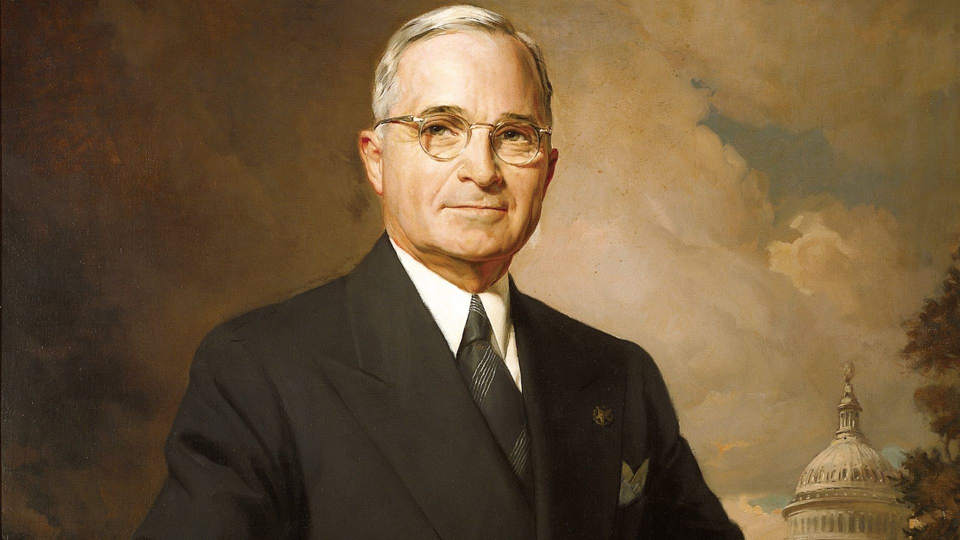 Official Presidential Portrait. Notice the Capitol Building in the background. Truman, who was a two-term senator from Missouri and as vice-president presided over the Senate, wanted to emphasize his legislative career rather than his executive and the co