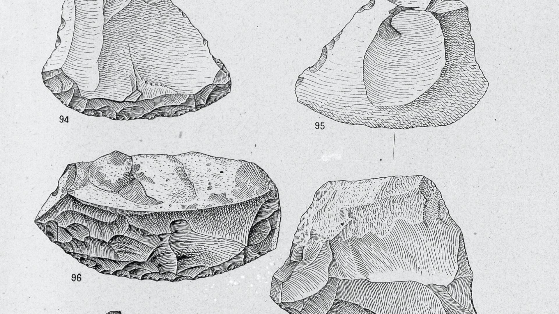 Drawings of points and scrapers found from Europe and the Near East to Africa between approximately 250,000 and 30,000 years ago