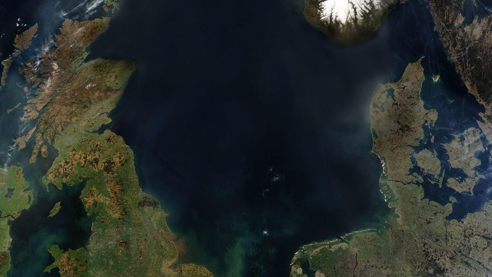 North Sea satelite photo by NASA. The red dots are fires. This is a modified version without Sands of the Sahara above the North Sea.