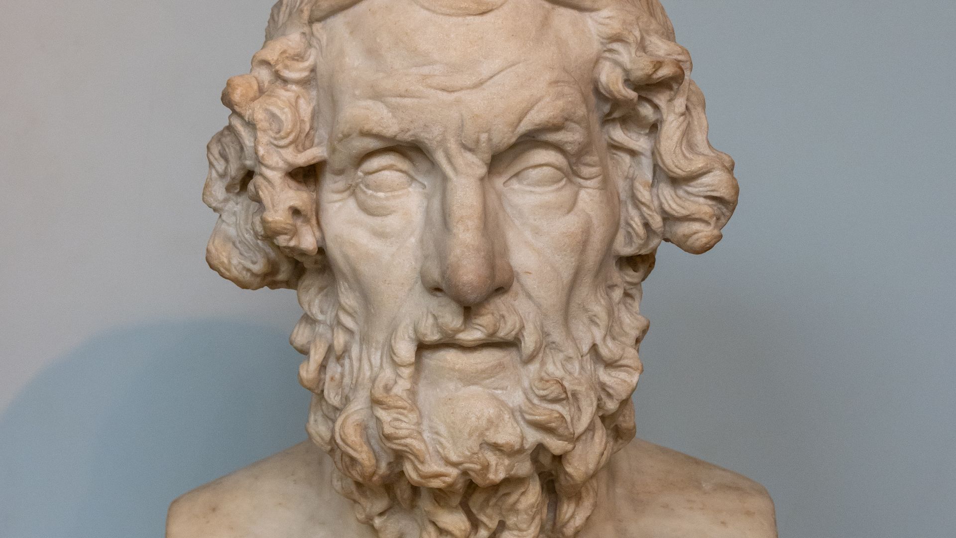 Marble terminal bust of Homer
Roman copy after a lost Hellenistic original of the 2nd century BC
From Baiae, in Italy
Various portraits of the poet Homer are known, all of them created long after his death around 700 BC. The so-called Hellenistic blind-ty