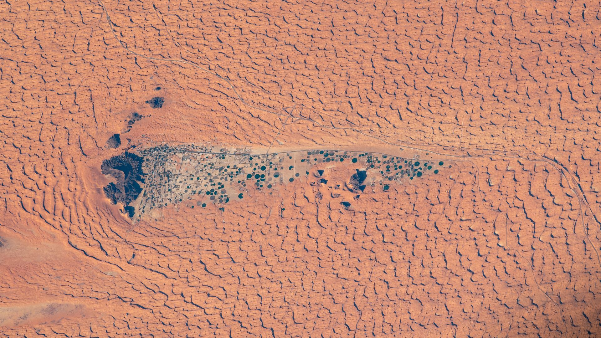 Surrounded by the Nefud Desert, the city of Jubba, Saudi Arabia, with its abundant agriculture and plentiful water, is pictured from the International Space Station as it orbited 261 miles above.