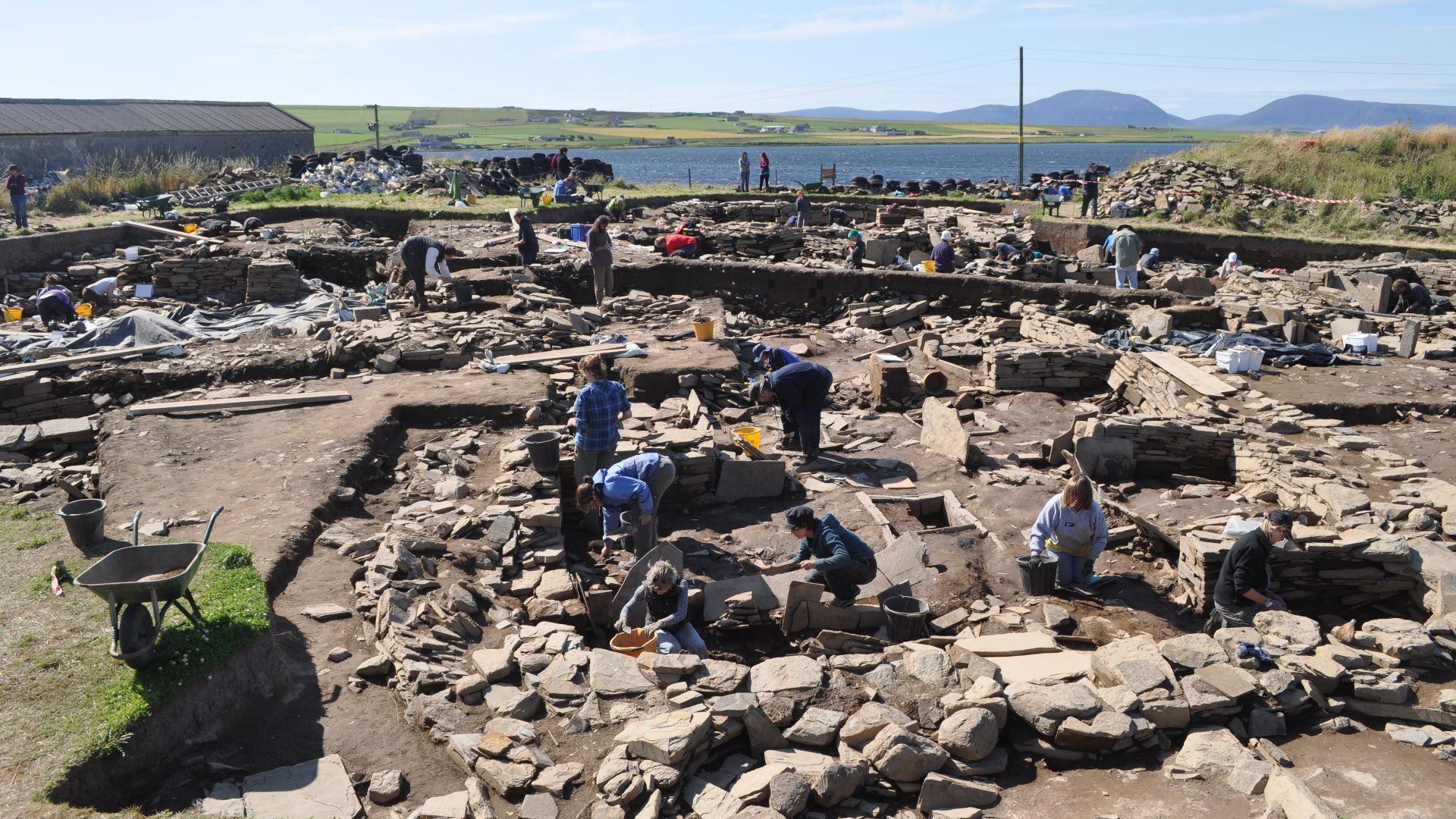 Archaeologists at work at the Ness of Brodgar site on Orkney, Scotland, on 5th August 2014.