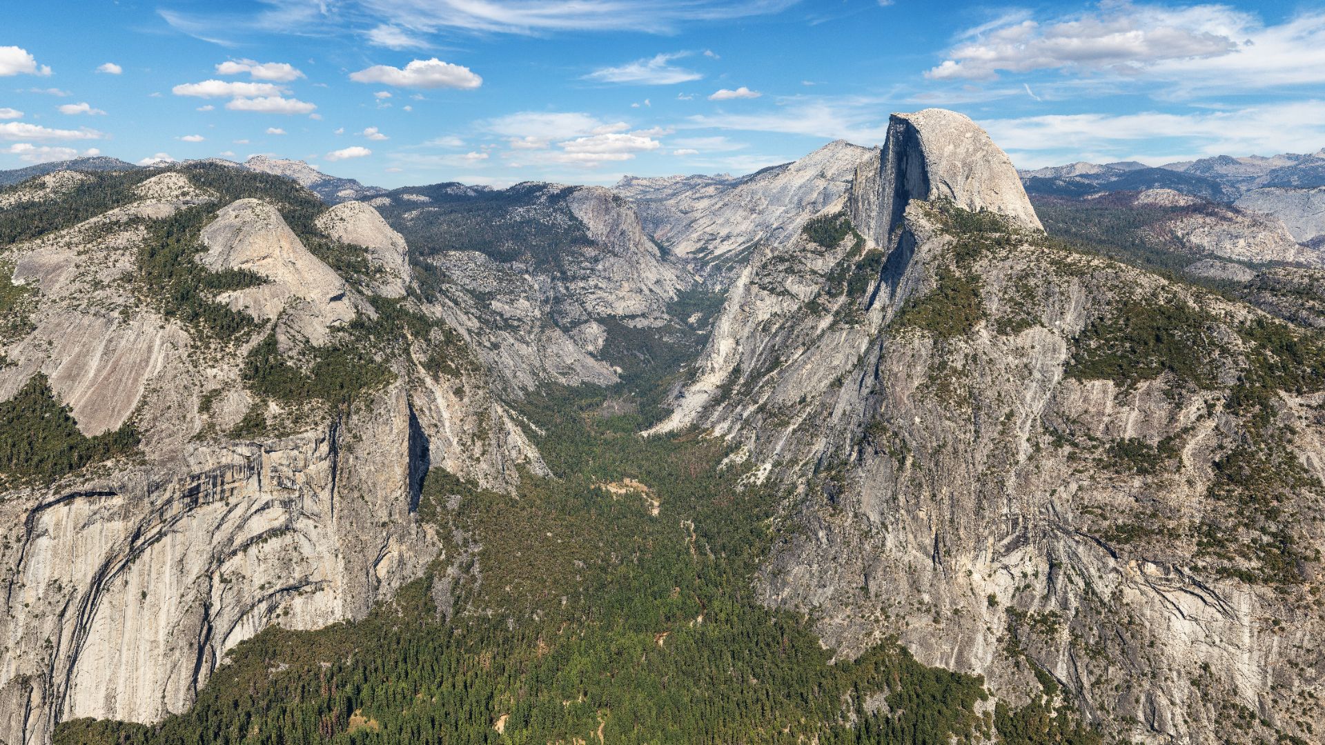 View from Glacier Point on Half Dome and Eastern Yosemite Valley in Yosemite National Park, California, USA.