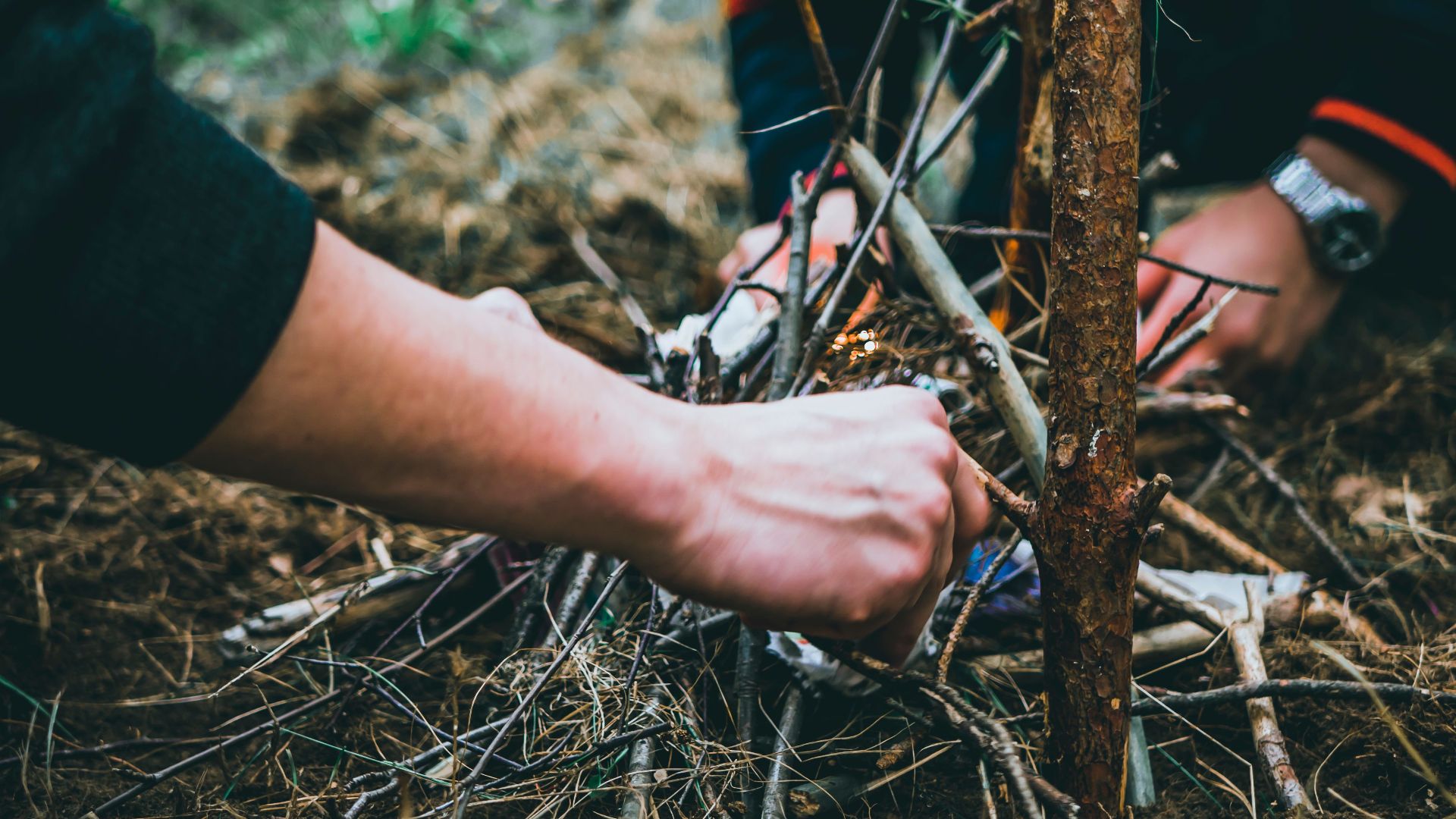 Close-up of hands arranging sticks to start a campfire in a forest adventure setting.