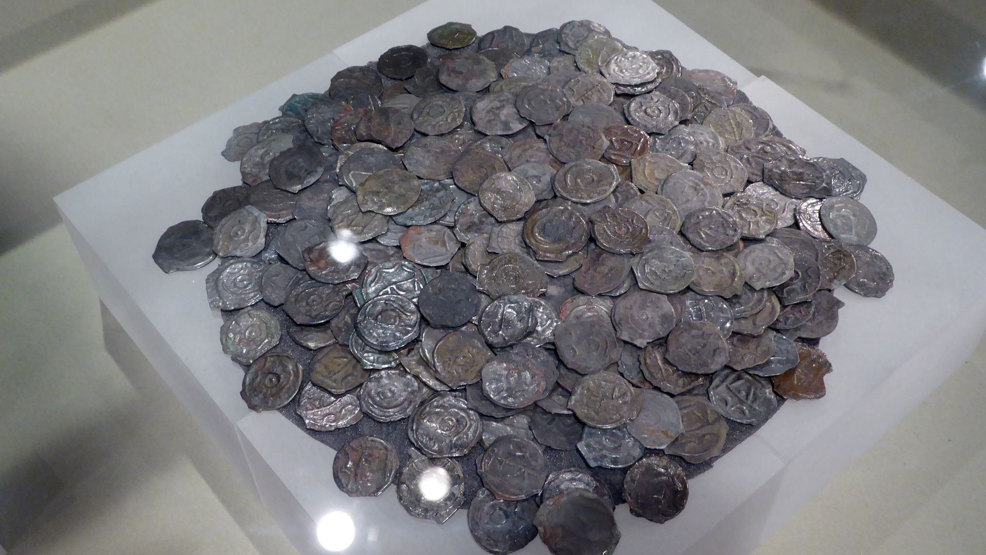 The Sunbury Hoard of coins, on display in the Museum of London.