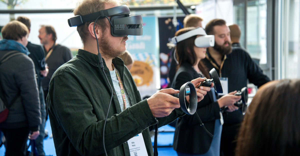 person wearing VR smartphone headset inside room