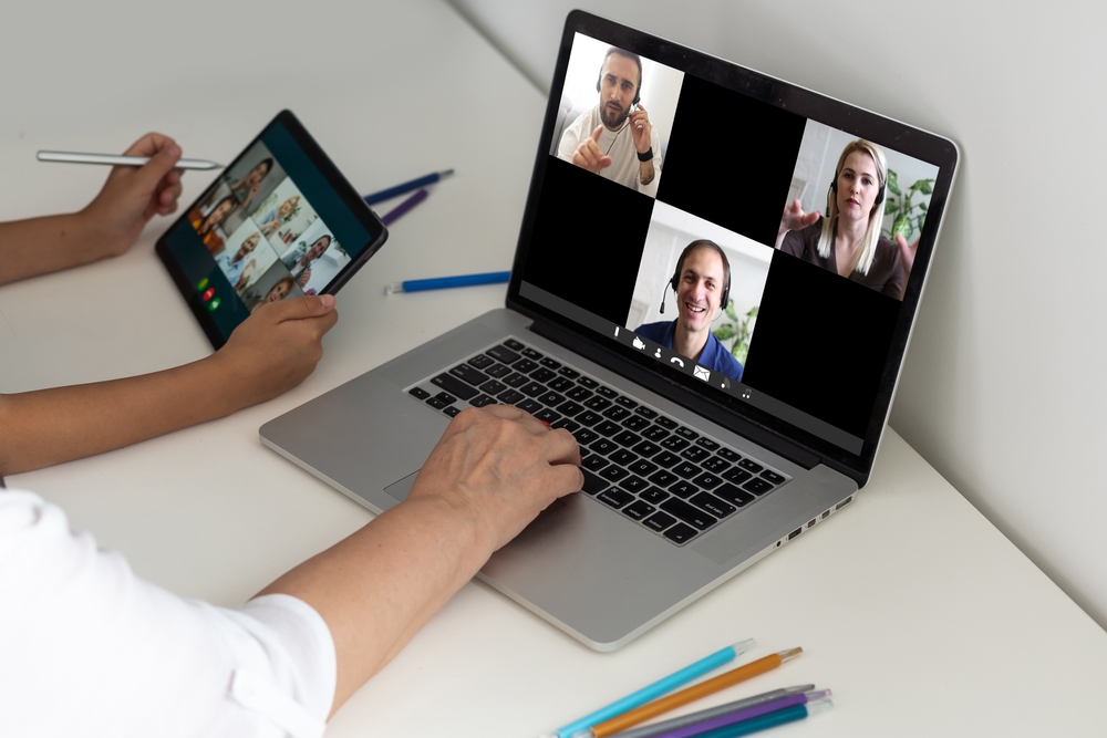 video conference. Multiethnic business team for a online meeting in video call. Group of people smart working from home