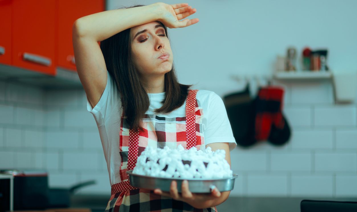 Tired Housewife Wiping Sweat Holding a Birthday Cake. Exasperated woman trying to prepare an anniversary party at home