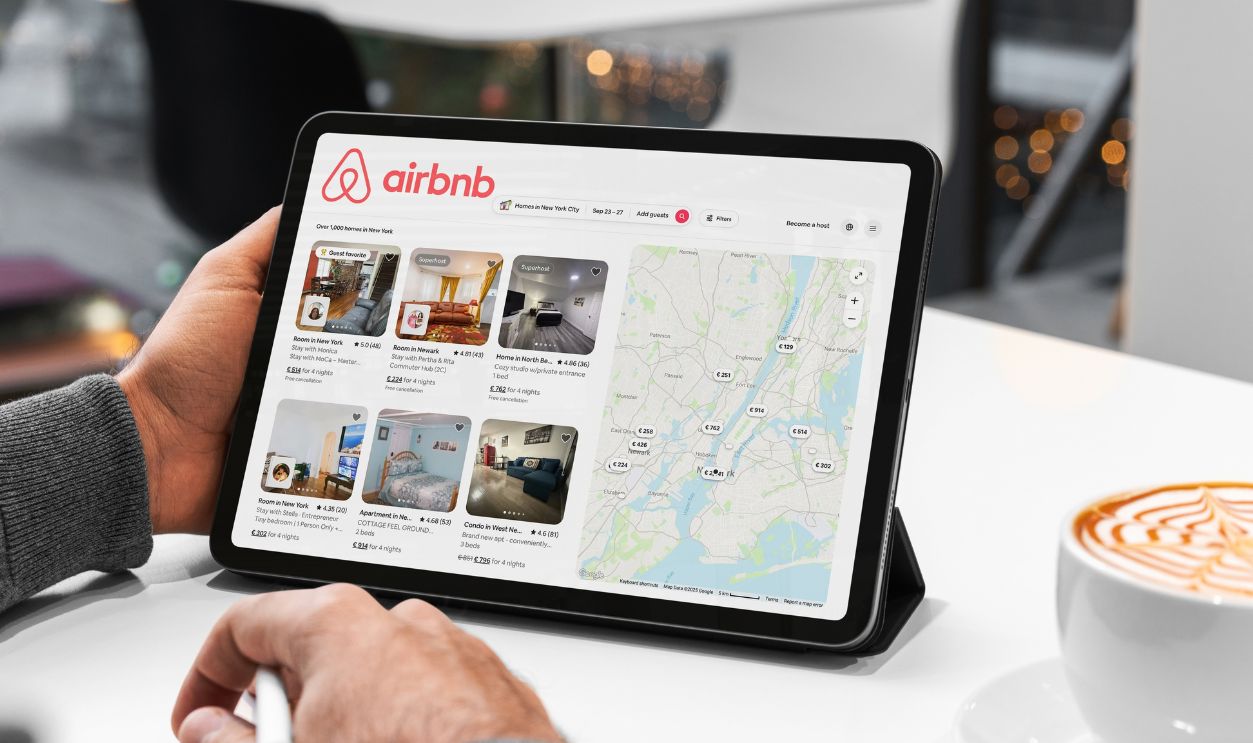 Madrid, Spain; 09 16 2025 Businessman browsing airbnb listings on tablet in new york cafe, planning his next business trip