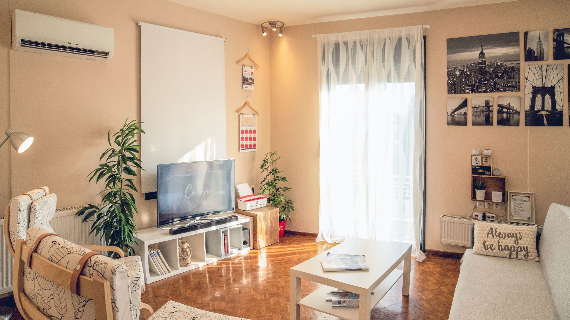 Bright, modern living room interior with neutral tones in Kavala, Greece.