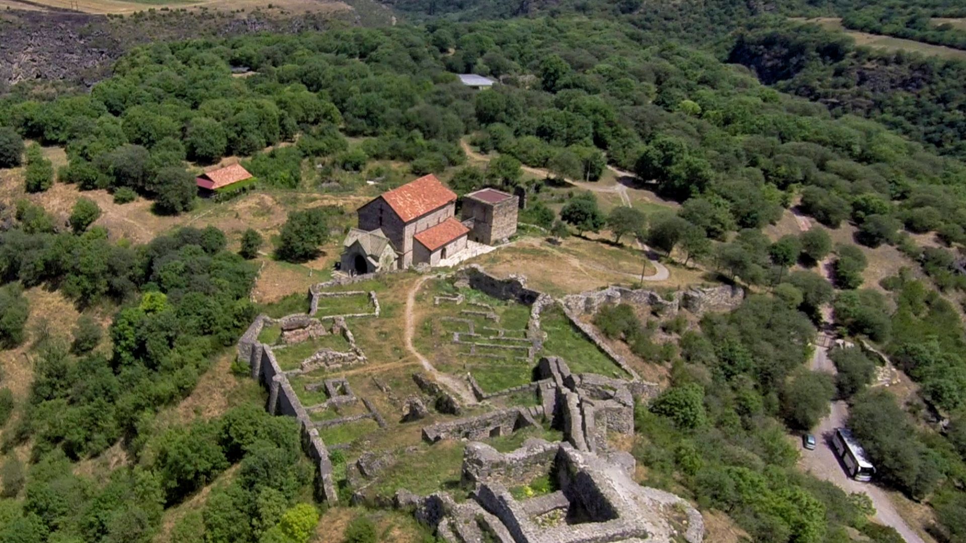 Dmanisi castle ruins with Dmanisi Sioni and archeological site in background