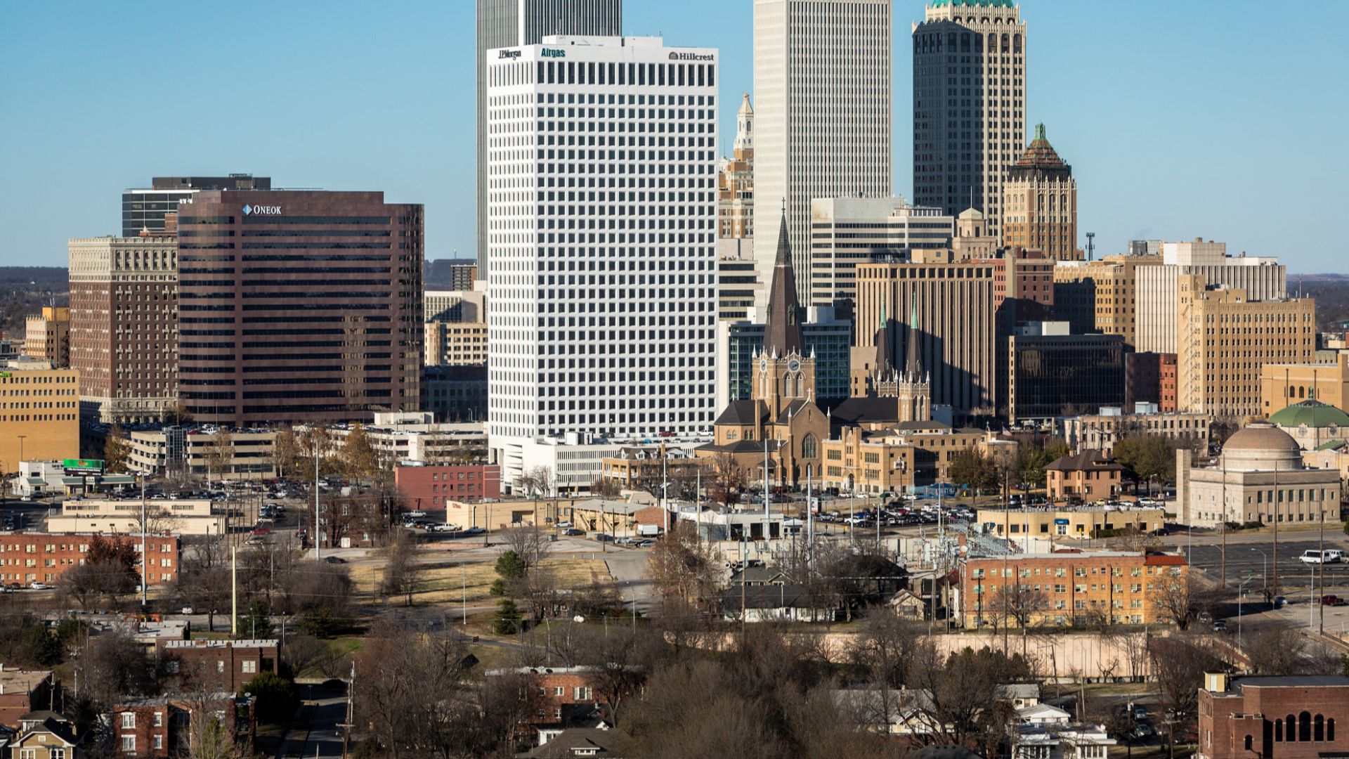 500px provided description: Downtown Tulsa Southern Skyline [#sky ,#city ,#winter ,#downtown ,#blue ,#urban ,#cityscape ,#building ,#skyline ,#clear ,#south ,#sky-scraper ,#Oklahoma ,#Tulsa]