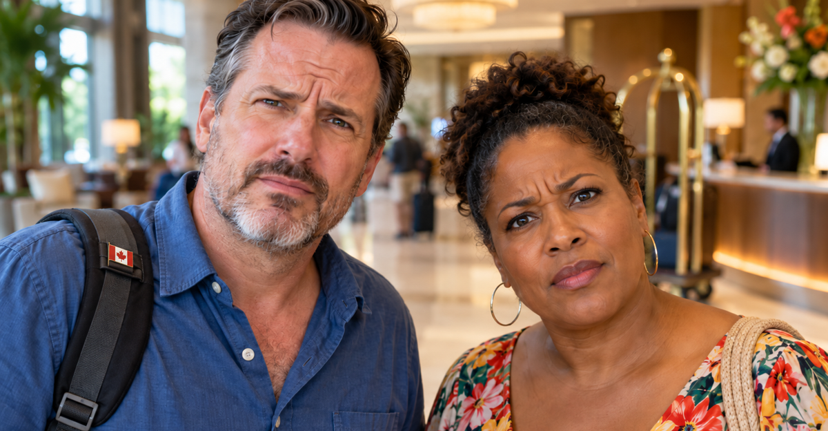AI-generated image of a man and woman in a hotel lobby