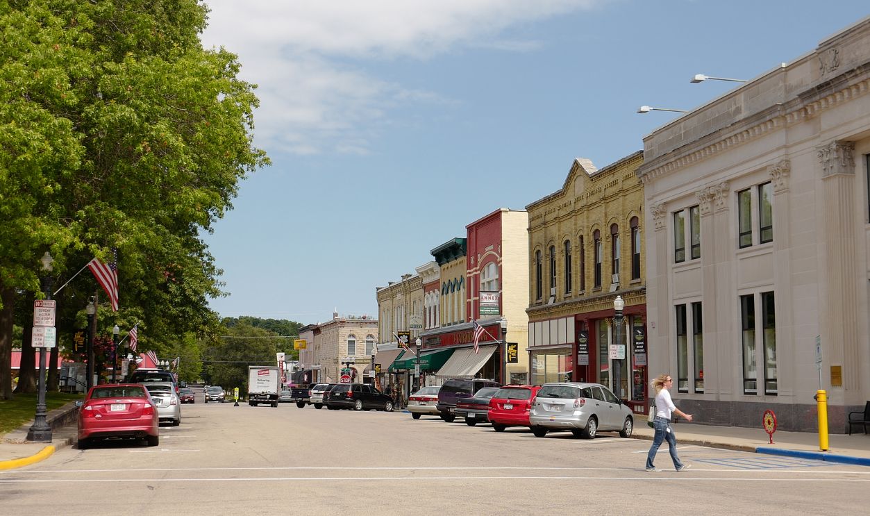 Baraboo Wisconsin USA - August 25 2017: downtown, historic buildings, main street