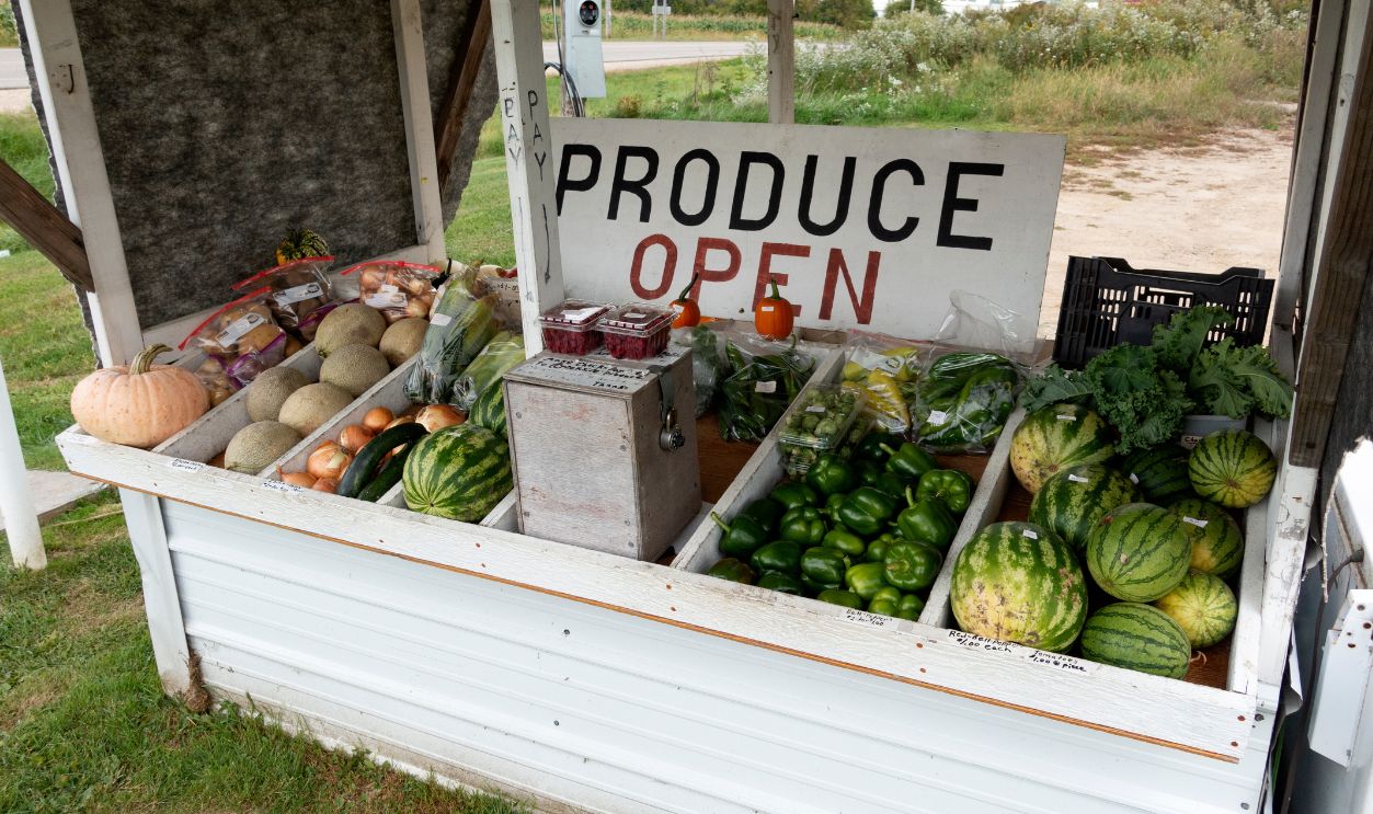MILLERVILLE, MINNESOTA / USA - SEPTEMBER 14, 2018: A roadside produce stand selling fruits and vegetables on the honor system. 