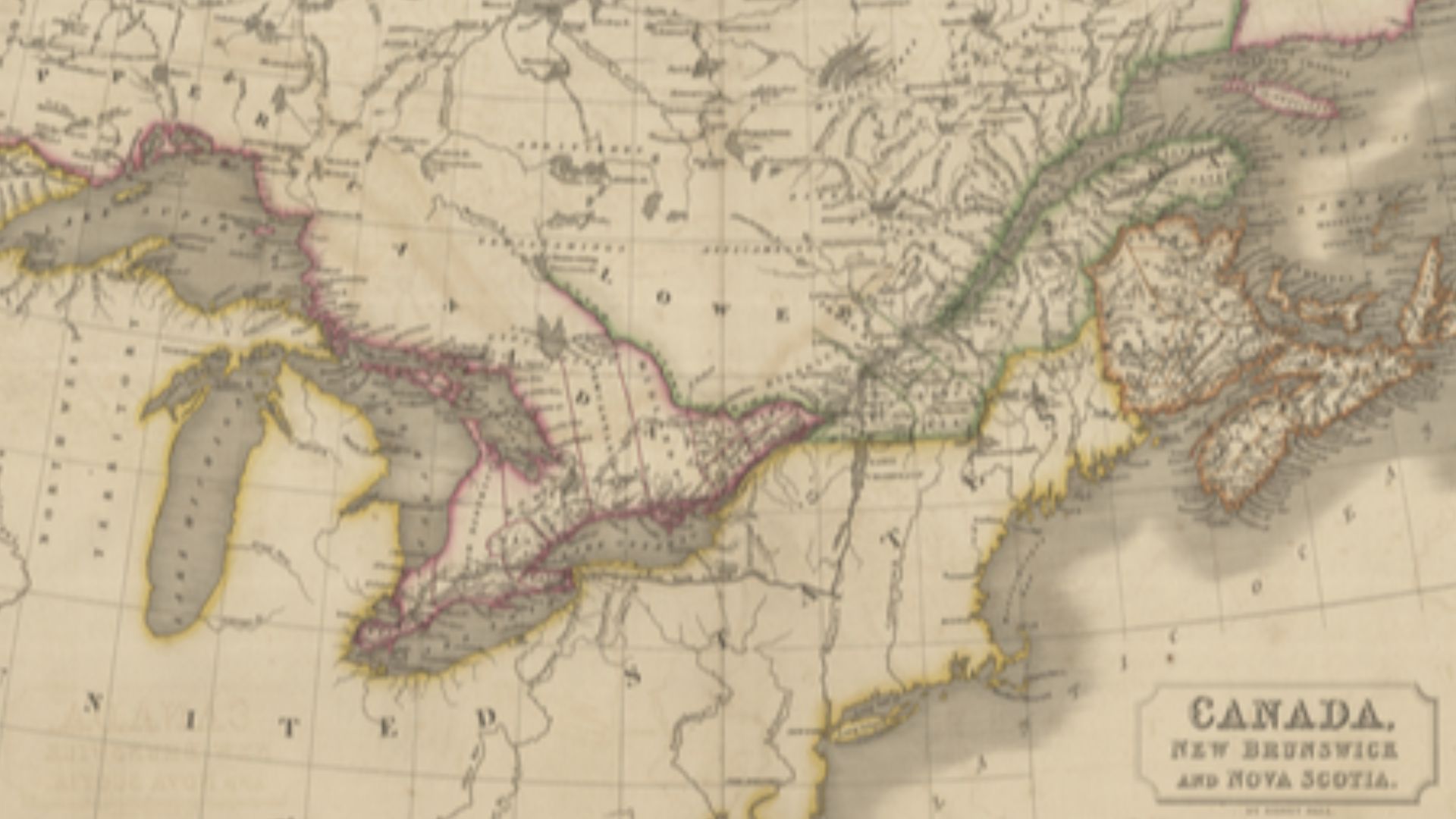 British map from 1830 showing Canada, New Brunswick and Nova Scotia. Cities, towns and bodies of water are labelled. Regional districts are outlined. The province of Lower Canada is outlined in green, while other provinces and territories are coloured red