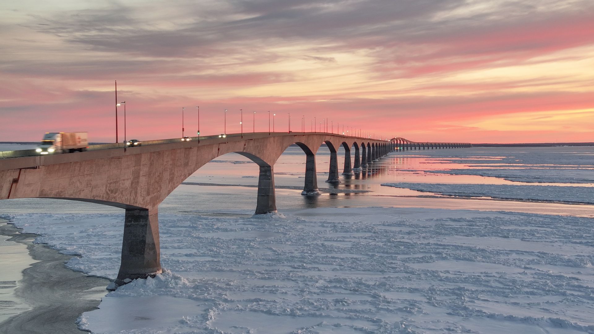 PEI Confederation Bridge during winter with an icy Northumberland Strait