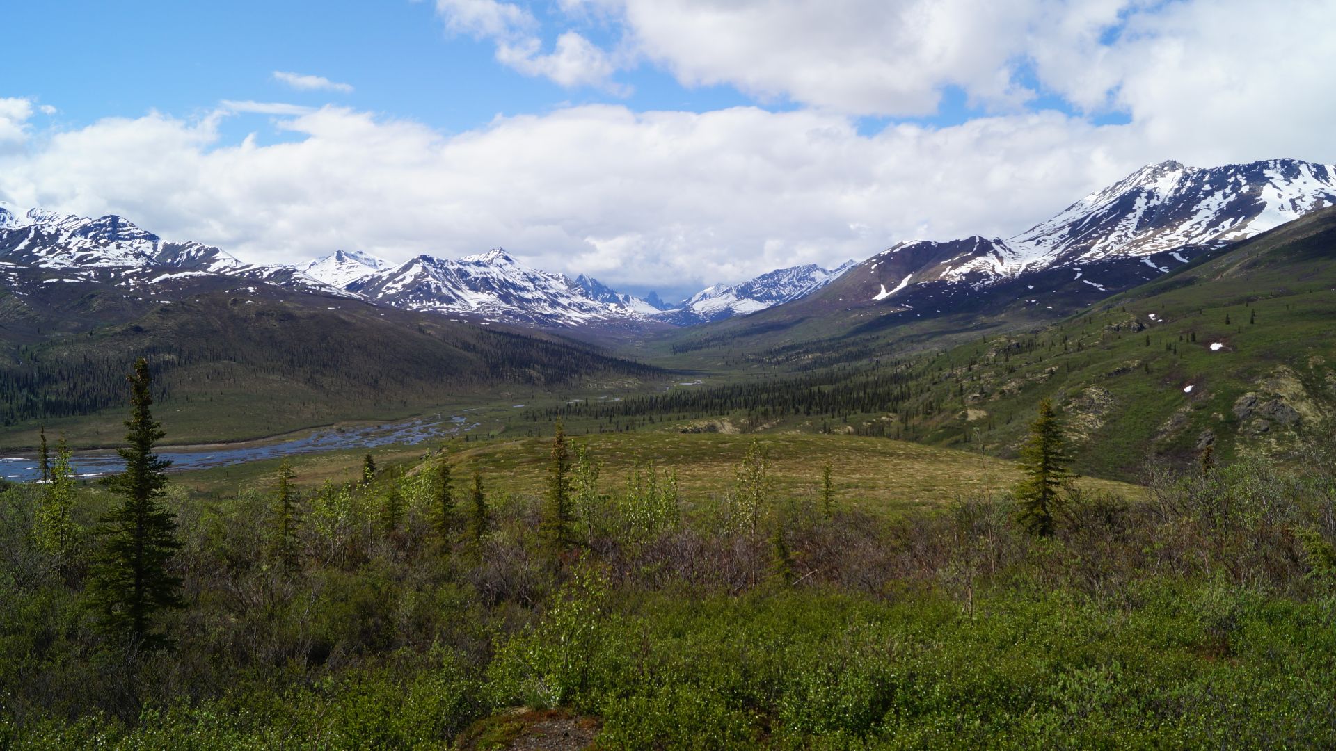 View of Tombstone Mountain and surrounding North Klondike River valley