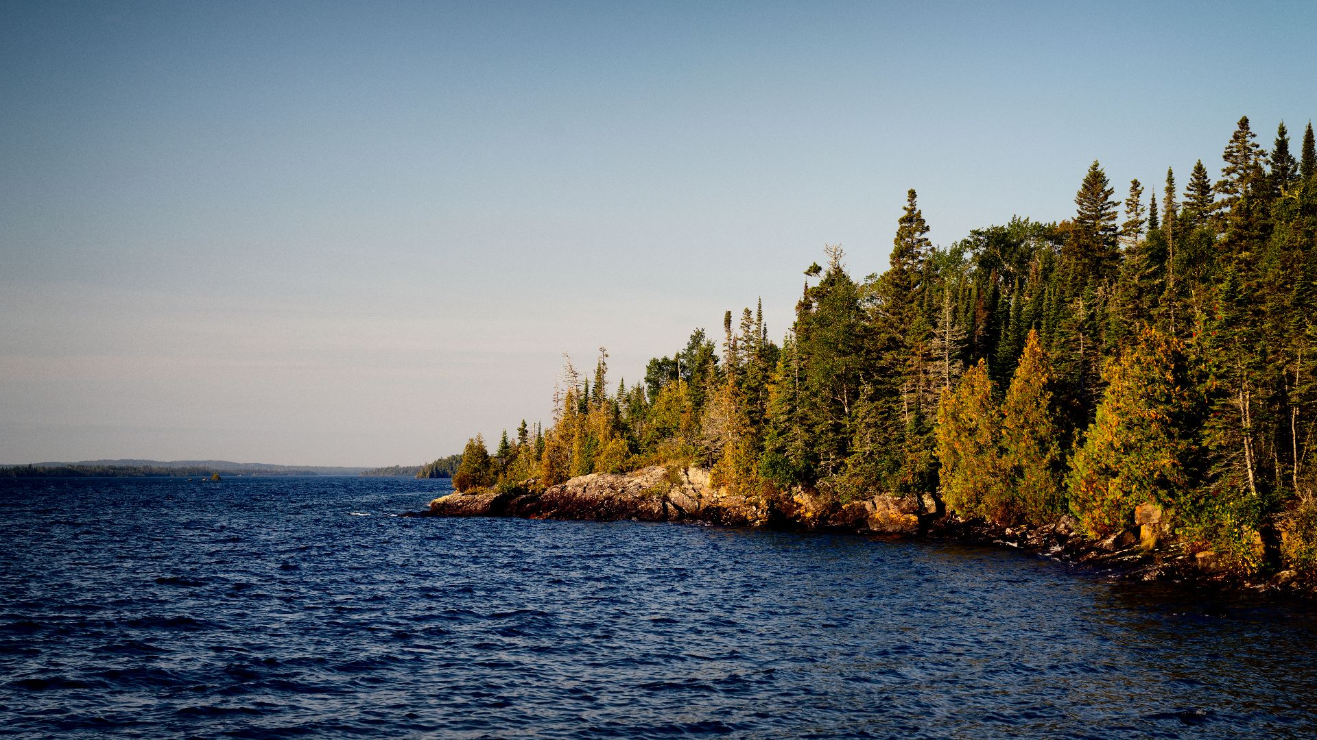 The rugged shoreline of Isle Royale National Park, as seen from the Rock Harbor docks.