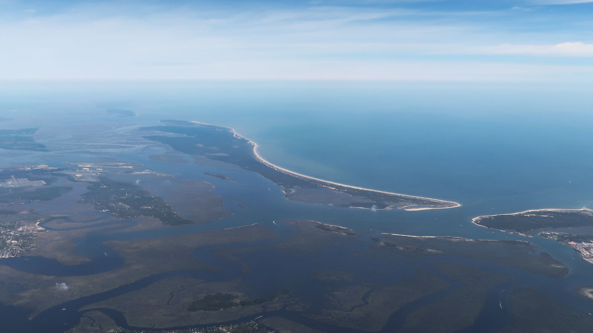 Aerial view of Cumberland Island from the southwest, as viewed from an aircraft shortly after takeoff from Jacksonville International Airport.