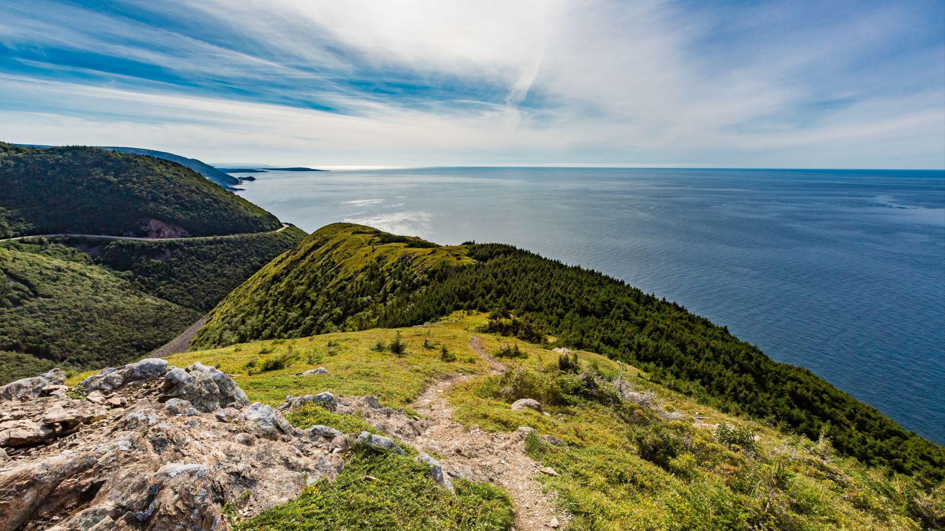 The Cabot Trail wraps around Cape Breton Island, as viewed from the end of Skyline Trail, Nova Scotia, Canada.