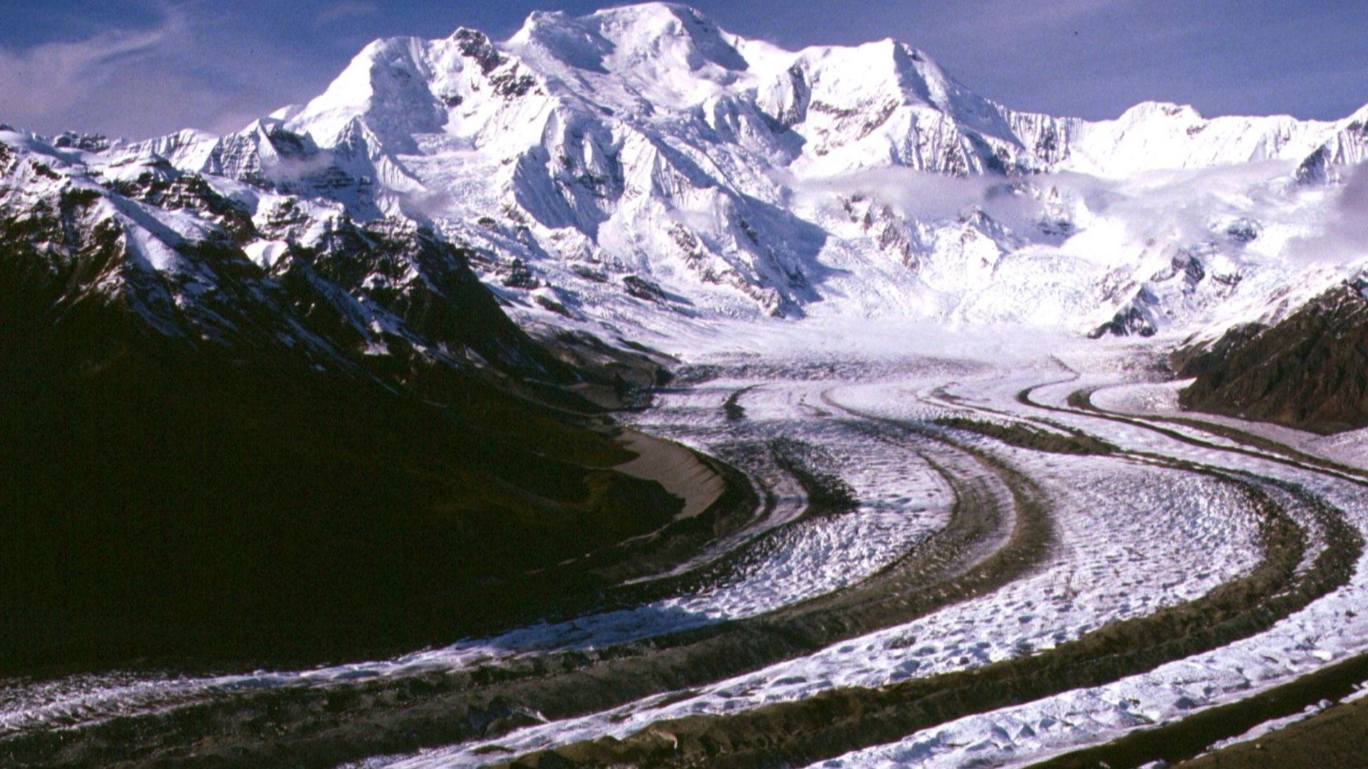Mount Blackburn from the southeast, looking up the Kennicott Glacier. Wrangell-St. Elias National Park and Preserve, Alaska, USA