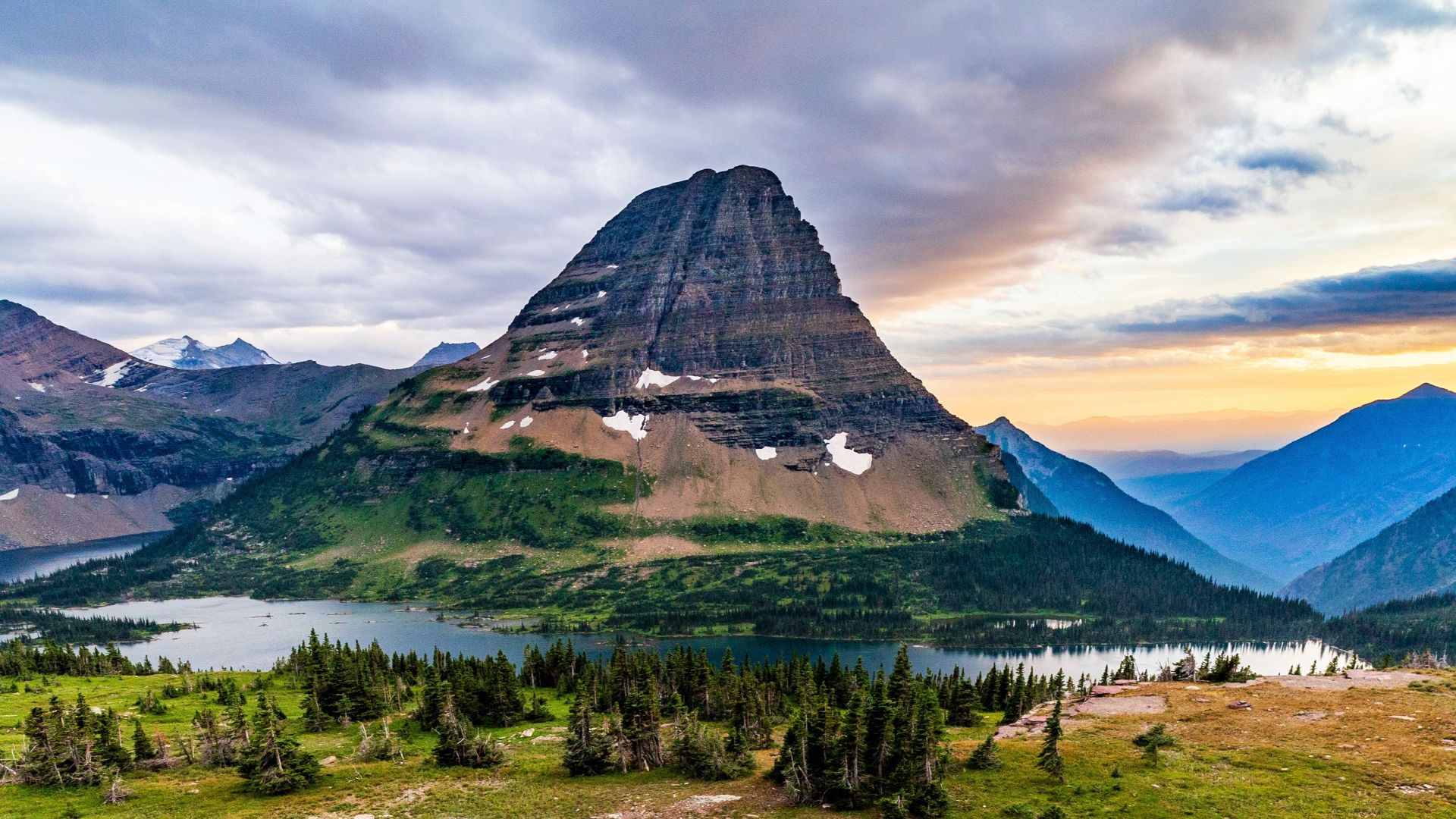 An evening hike along the Hidden Lake Trial led to this beautiful vista with the sun setting over Bearhat Mountain and Hidden Lake.