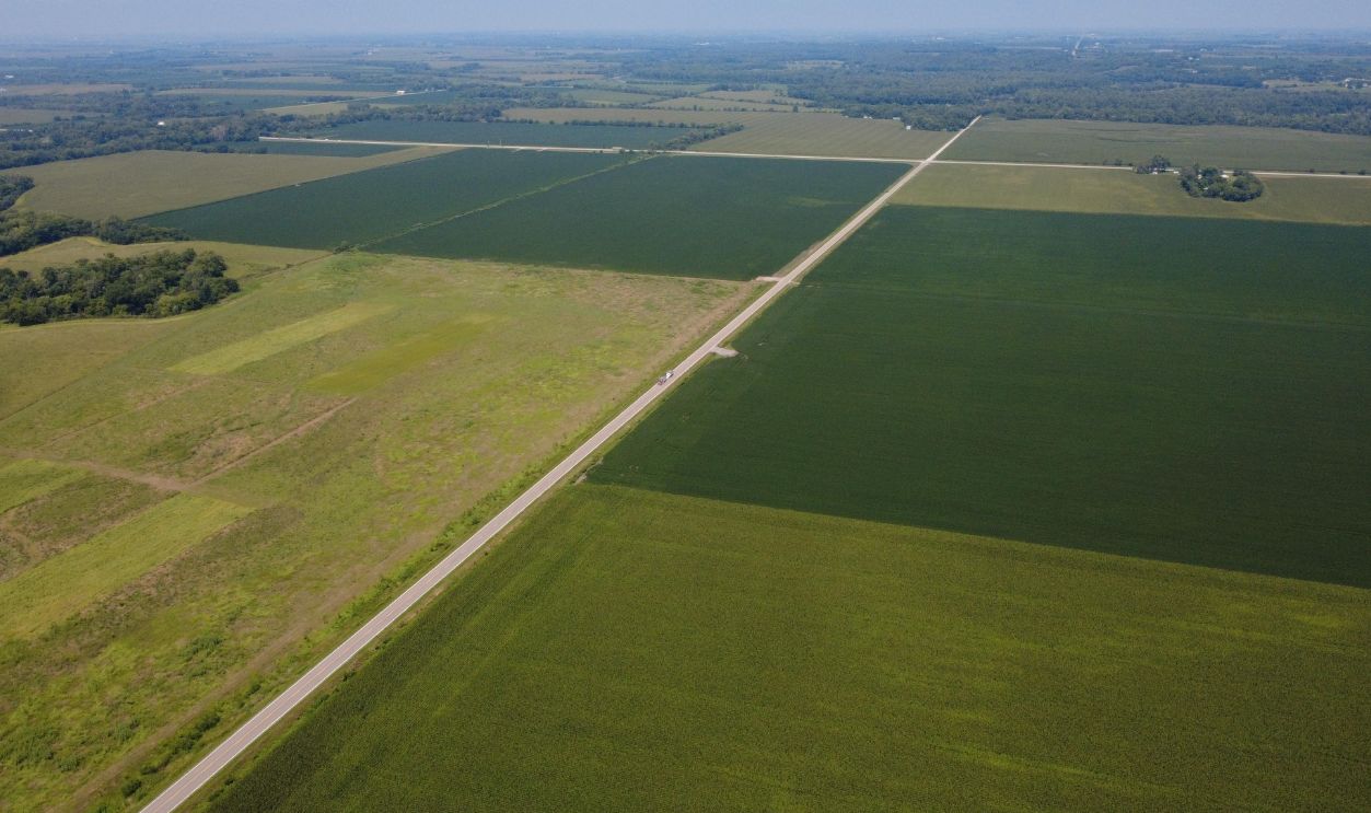 Aerial Drone View of Corn Fields and Rural Farmland Near Omaha, Nebraska