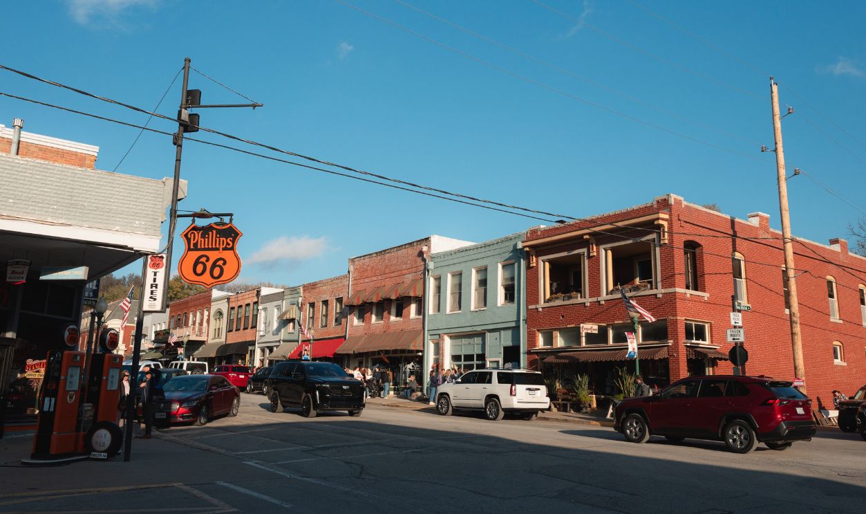 Weston, Missouri - November 8, 2025: Cars driving through the historic district of downtown Weston.
