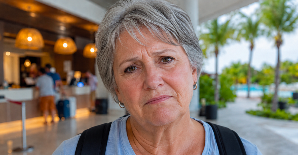 Frustrated older woman with short grey hair on vacation