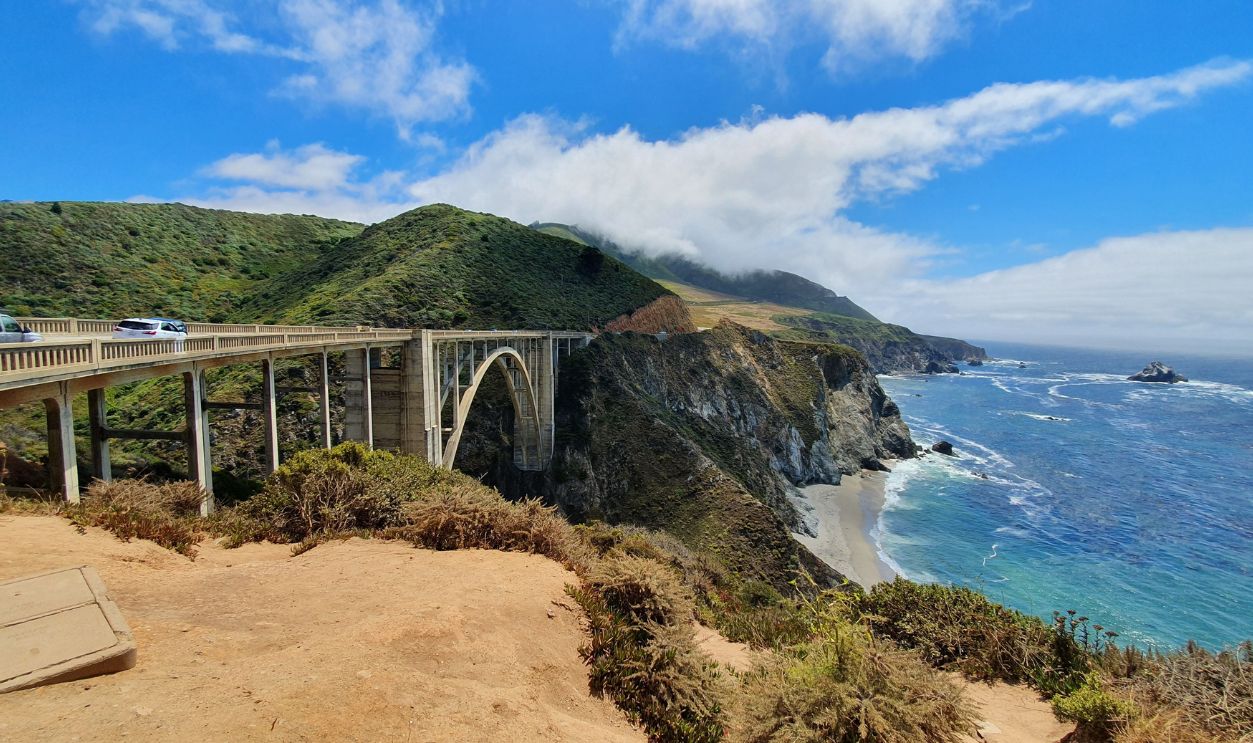Stunning view of Bixby Creek Bridge against coastal cliffs and ocean in Big Sur, California.