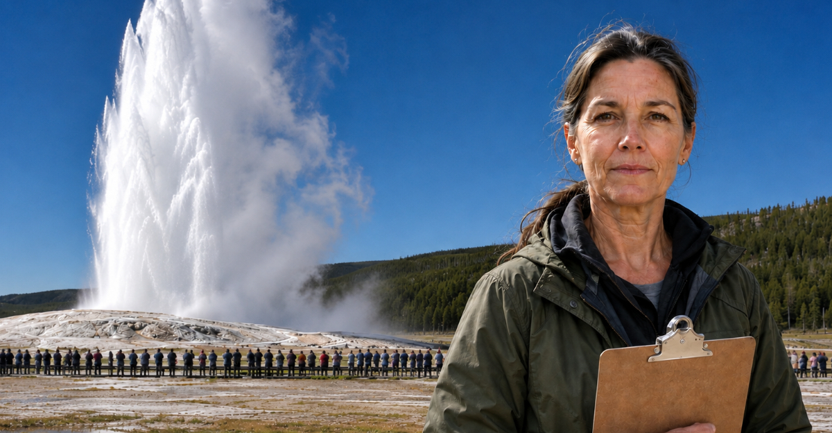 Woman with clipboard looking at camera, background Old Faithful geyser
