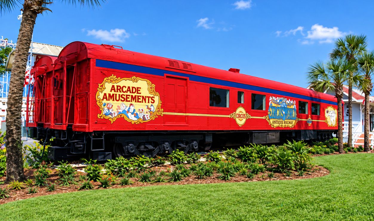 Local call number: COM01654 Title: Circus World antique railway car: Orlando, Florida Date: Between 1973 and 1986. Physical descrip: 1 slide; col. Series Title: Department of Commerce collection General note: The antique Barnum and Bailey train cars housed a display of circus memorabilia. Circus World was built in 1973 by the Felds (then owners of Ringling Brothers) to combine circus-based shows and amusement park rides with a new winter quarters for the Ringling Brothers Barnum and Bailey Circus. It was later sold to Mattel, Inc., who sold it to developer Jim Monaghan in 1984. Monaghan sold it to Harcourt Brace and Jovanovich in 1986, who shut the park down and rebuilt it as Boardwalk and Baseball, which opened on February 14, 1987. Harcourt Brace and Jovanovich sold its theme park assets (which included SeaWorld and Cypress Gardens) to Busch Entertainment Corporation on September 28, 1989, and Busch closed Boardwalk and Baseball on January 17, 1990.