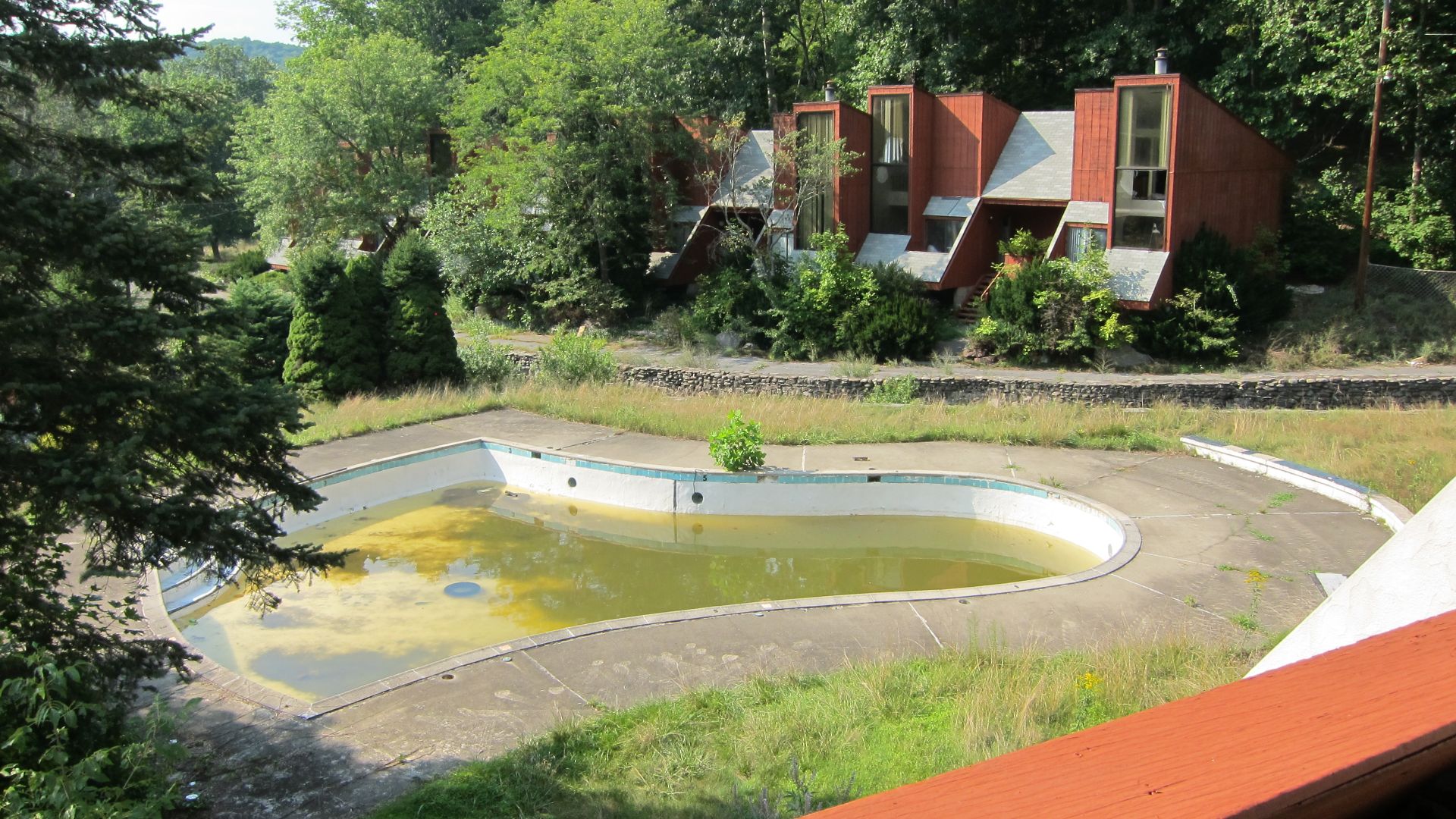 View of the Penn Hills Resort pool, shaped like a wedding bell, suffering neglect after the resort was abandoned. August, 2012