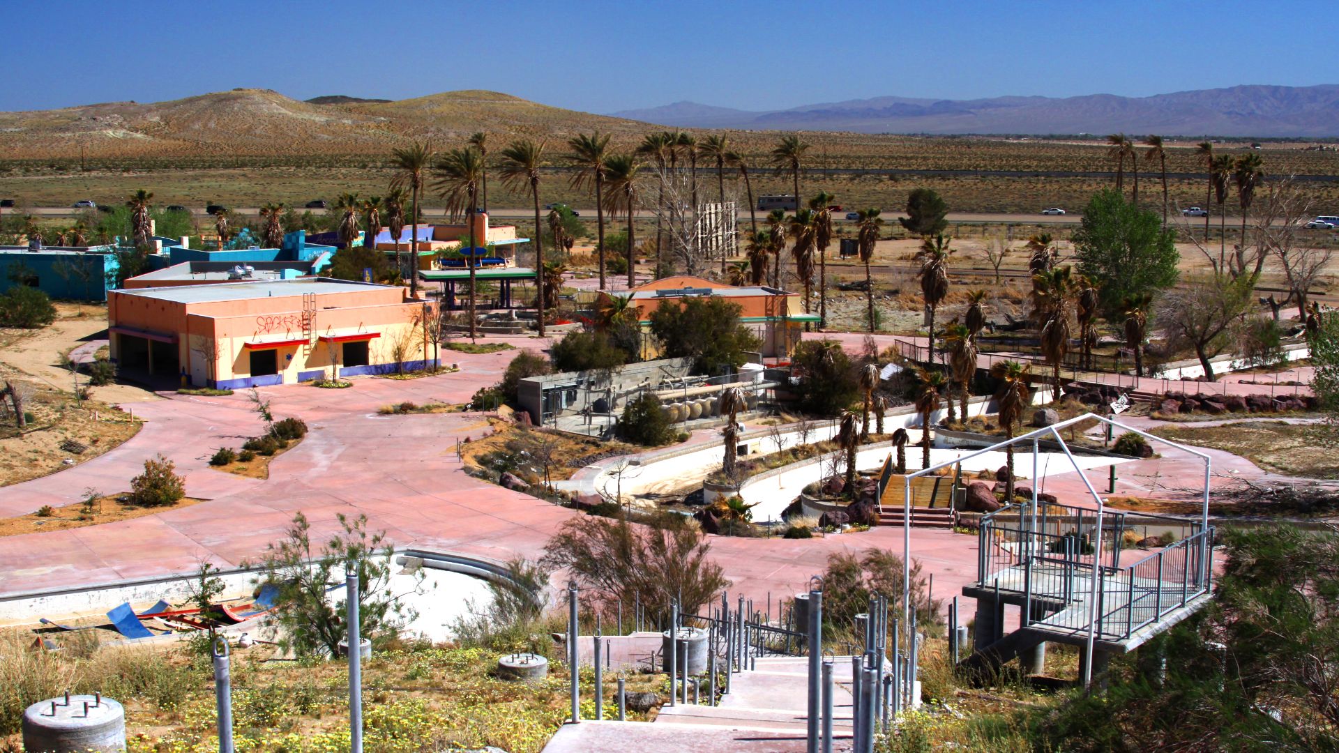 The remnants of Rock-A-Hoola Waterpark in the foreground, and Interstate 15 in the background.