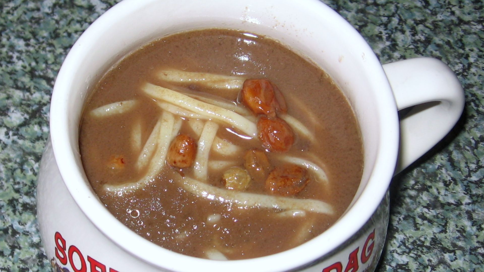 Polish soup czernina of duck's blood in Dutch cup