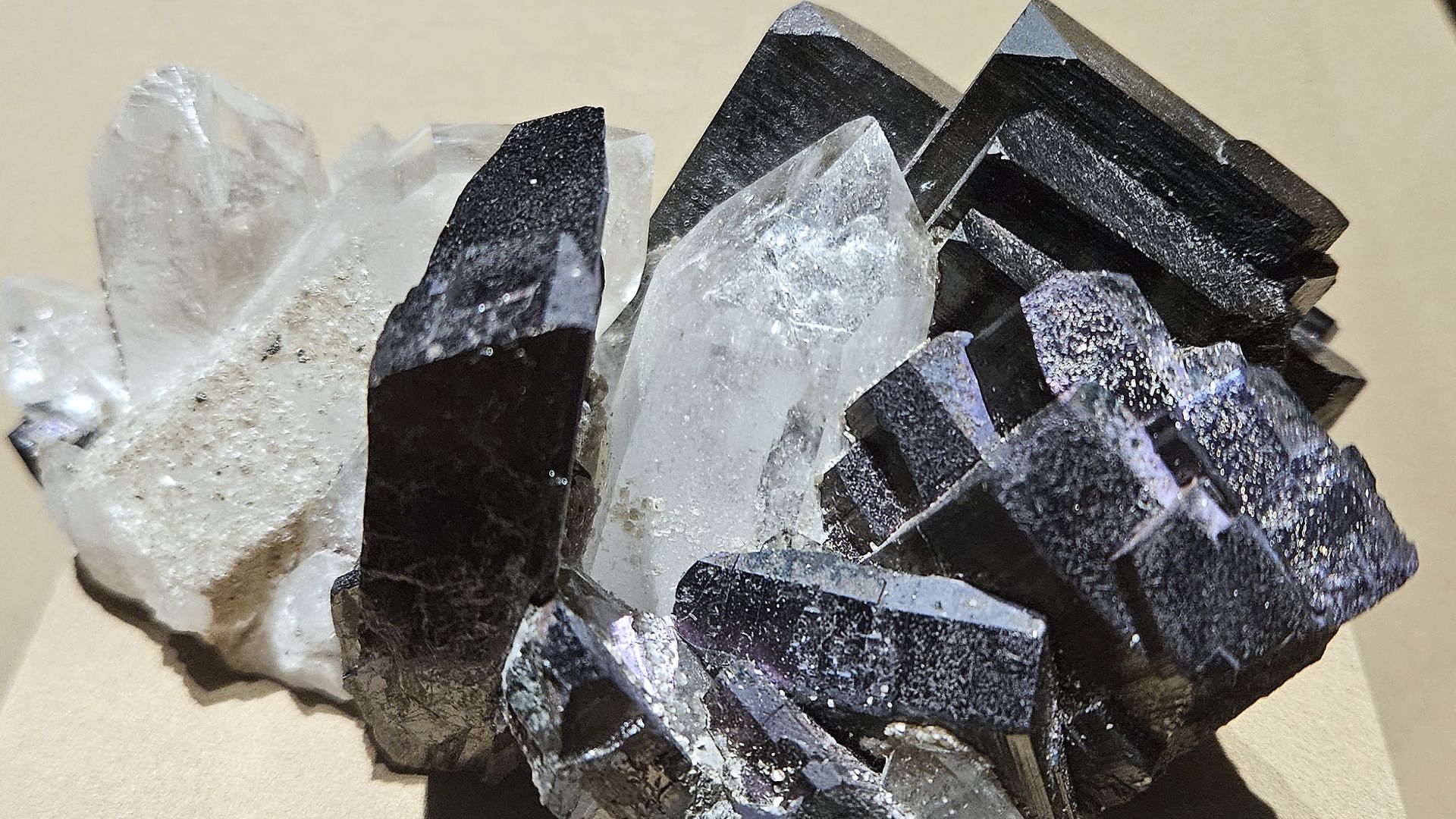 Sample of ferberite with quartz collected from Panasqueira, Portugal. On display at the Natural History Museum of Los Angeles County, Los Angeles, California, USA.