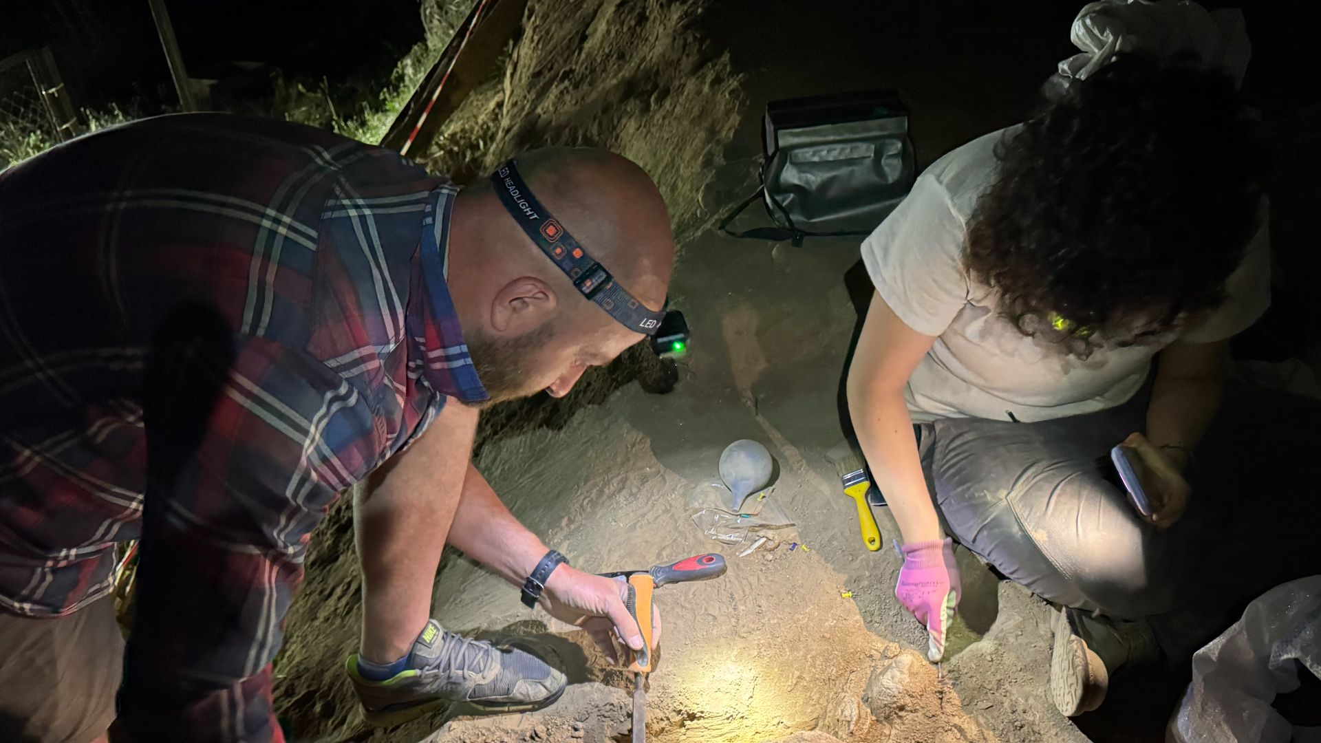In July 2026, excavations at Kvemo Orozmani, Georgia, proceed well into the night after finding a Homo erectus mandible. This work was funded in part by a grant from Nazarbayev University, Kazakhstan