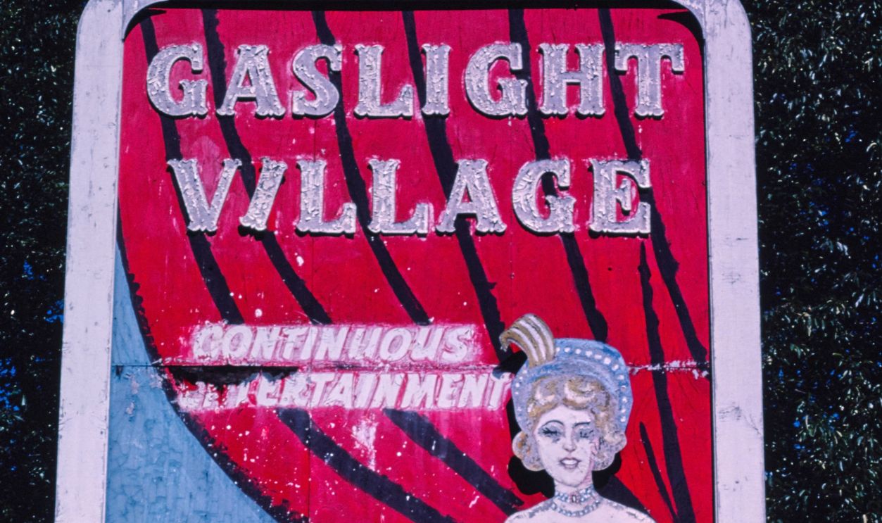 1980s America - Gas Light Village billboard, Wilton, New York 1983.