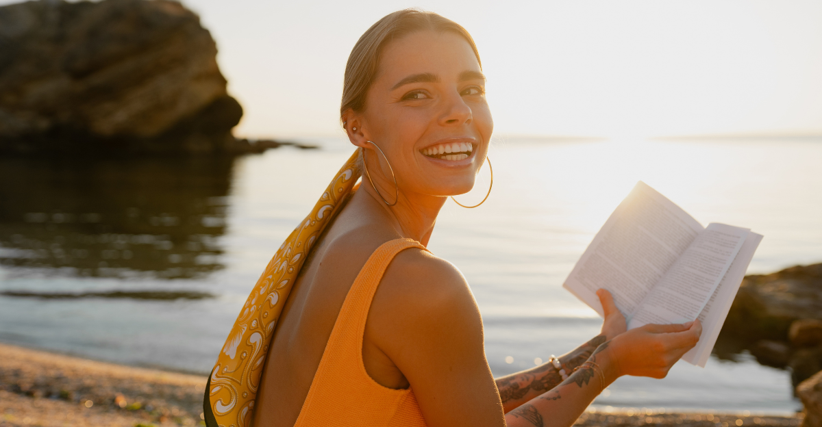beautiful blond smiling woman on beach