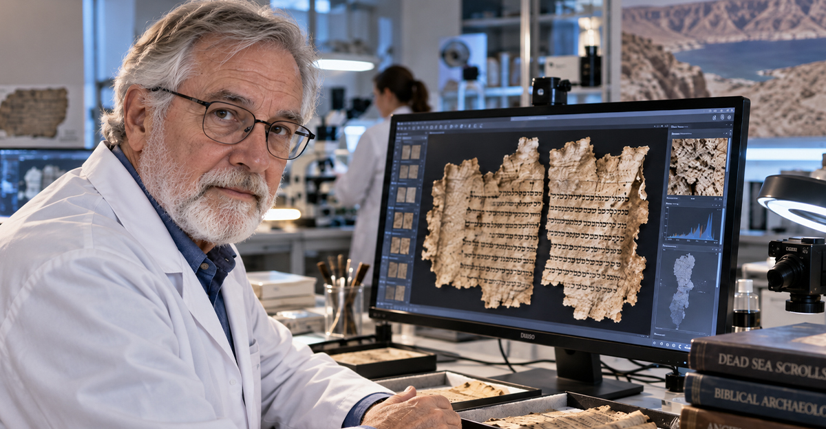 Researcher analyzing the dead sea scrolls