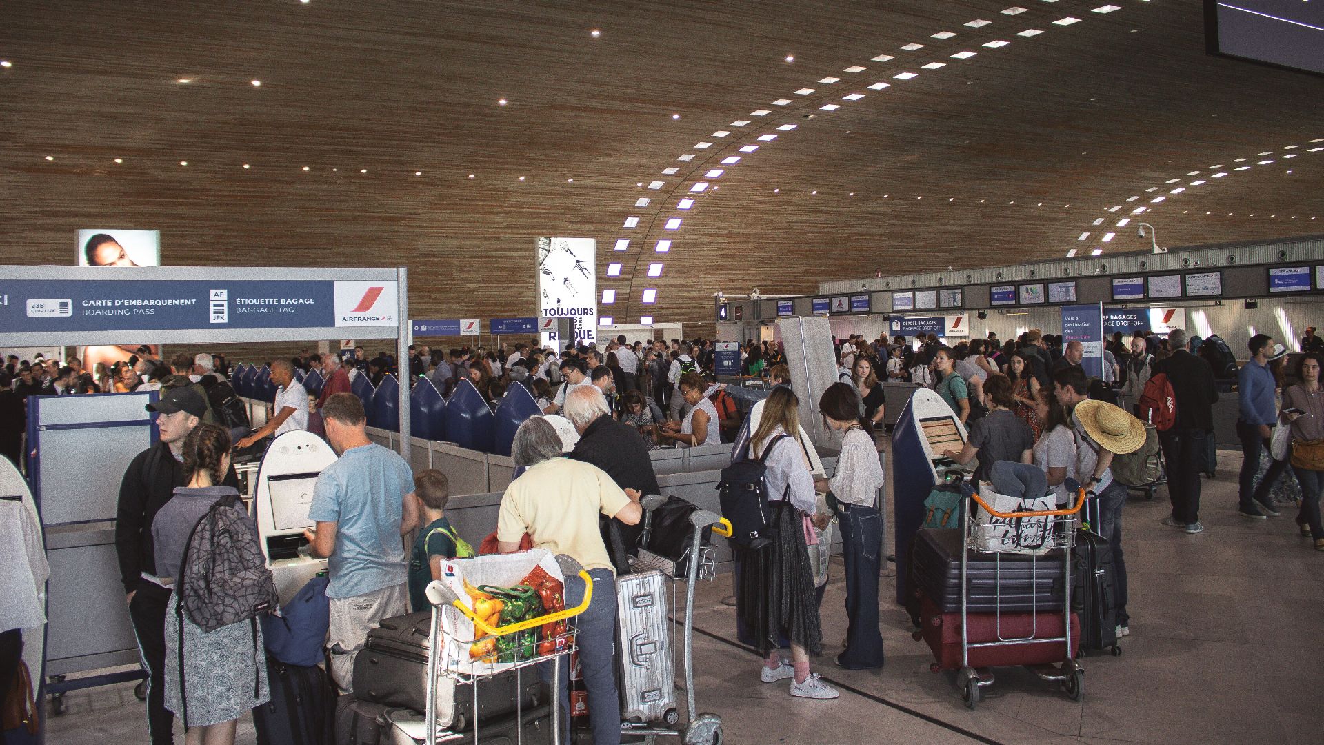 Crowded airport terminal with travellers in line. Indoor setting with modern architecture.