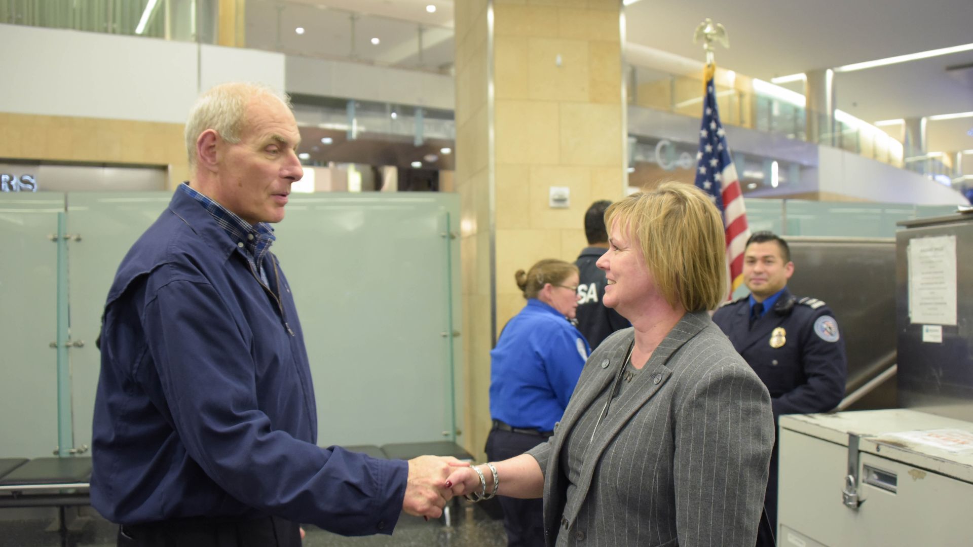 SAN DIEGO - Secretary of Homeland Security John Kelly meets with Transportation Security Administration employees at San Diego International Airport, Feb. 9, 2017. While at the airport, Secretary Kelly observed passenger security screening and TSA explosi