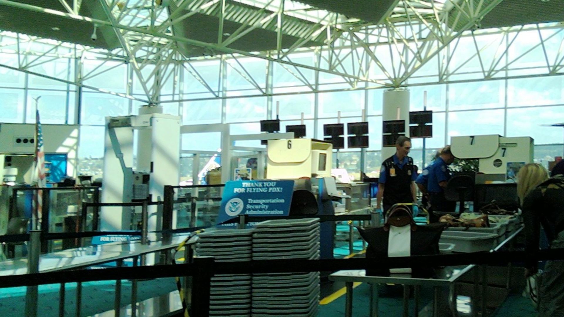 Security checkpoint area at Portland International Airport, C&D concourses